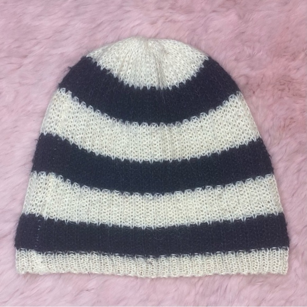 aerie Black/Blue and White Striped Knit Beanie Hat